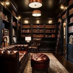 A stylish home library lined with floor-to-ceiling bookshelves crafted from dark wood filled with leather-bound books illuminated by warm sconce lighting creating an inviting reading retreat.
