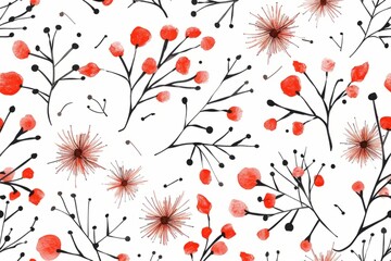 Vivid Red and Black Botanical Watercolor Pattern Background