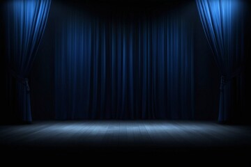 Empty theater stage with luxurious blue velvet curtains and spotlight by award ceremony