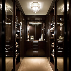 A stylish walk-in closet designed in rich shades of chocolate browns showcasing custom shelving units, mirrored doors, and elegant lighting fixtures.