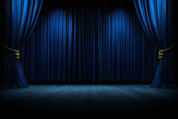 Empty theater stage with luxurious blue velvet curtains and spotlight by award ceremony