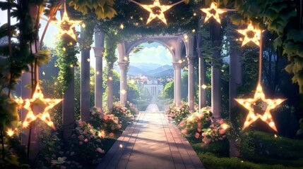 A secret garden, a chill hall with flowers, light and plants