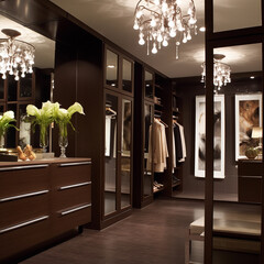 A stylish walk-in closet designed in rich shades of chocolate browns showcasing custom shelving units, mirrored doors, and elegant lighting fixtures.