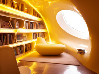 A sunlit reading nook with futuristic bookshelves and cozy seating, all bathed in a warm light yellow glow for a relaxing retreat.