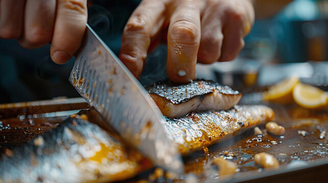 A chef is expertly filleting a fish