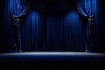 Empty theater stage with luxurious blue velvet curtains and spotlight by award ceremony