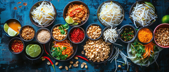 Top view of A variety of fresh and dried spices and herbs in black bowls on a blue background