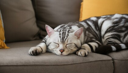 American shorthair cat sleeping on a couch in living room - Powered by Adobe