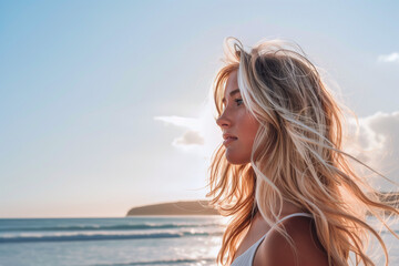 Naklejka premium Golden Glow: Stunning Portrait of a Woman with Beige Blonde Hair - Summer, Beach, Radiance, Serenity - Clean composition, Ample negative space