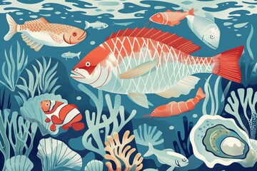Fototapeta premium Aquatic Marvels: A Mesmerizing Artwork Showcasing a Diverse Array of Fish and Crustaceans in the Deep Blue Sea