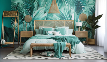 A tropical-inspired bedroom with teal palm leaf wallpaper, rattan furniture accents, and turquoise bedding