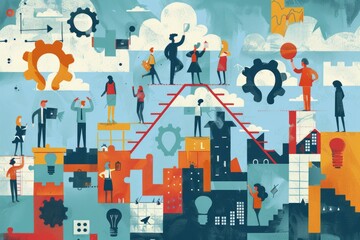 Naklejka premium A colorful drawing of people working together in a cityscape