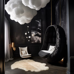 A whimsical bedroom in black colour with a hanging cocoon chair and dreamy cloud ceiling