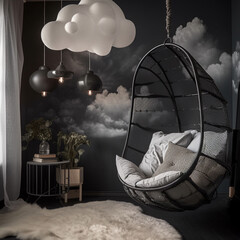 A whimsical bedroom in black grey with a hanging cocoon chair and dreamy cloud ceiling