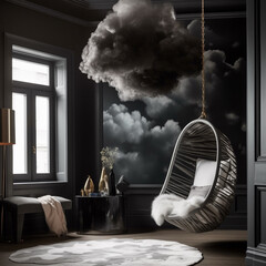 A whimsical bedroom in black grey with a hanging cocoon chair and dreamy cloud ceiling