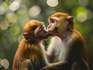 Fototapeta premium Affectionate Primates Strengthen Social Bonds Through Mutual Grooming in Natural Habitat