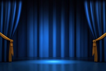 Empty theater stage with blue velvet curtains and spotlight by award ceremony background