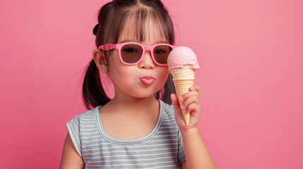 Cute asian child girl wearing casual clothes sunglasses eating cold ice cream
