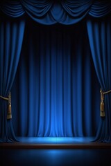 Empty theater stage with blue velvet curtains and spotlight by award ceremony background