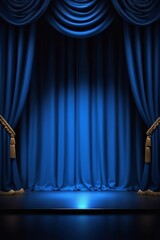 Empty theater stage with blue velvet curtains and spotlight by award ceremony background