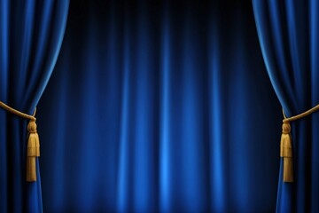 Empty theater stage with blue velvet curtains and spotlight by award ceremony background