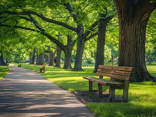 Peaceful Park Pathway with Benches Beneath Towering Trees