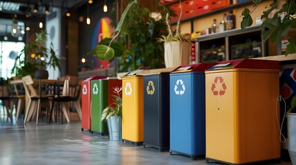 Recycling Bins Encourage Responsible Waste Disposal in Modern Cafe Setting