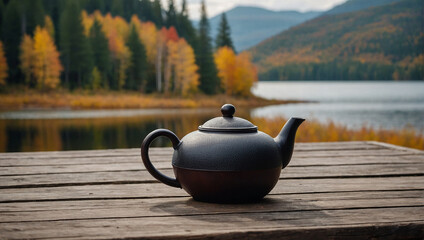 A black teapot sits on a wooden dock overlooking a lake. In the background are mountains and trees with autumn foliage.,cup of tea on the table Generated AI,Chinese tea ceremony. Ceramic teapot mad


 - Powered by Adobe