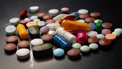 An array of multicolored pharmaceutical pills and capsules, including opioids, vitamins, and a variety of medicines, scattered across a surface, representing healthcare and medication diversity