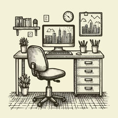 Free Vector Work desk hand drawn outline doodle icon. office desk with chair vector sketch illustration for print, web, mobile