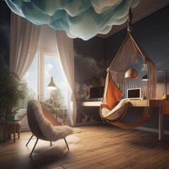 A whimsical bedroom with a hanging cocoon chair and dreamy cloud ceiling. A whimsical workspace with a hammock desk and virtual reality productivity tools