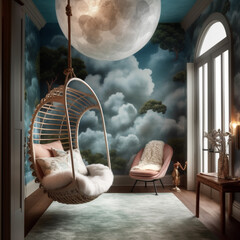 A whimsical bedroom with a hanging cocoon chair and dreamy cloud ceiling