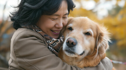  woman cuddling golden retriever dog outdoors in park 