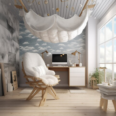 A whimsical bedroom with a hanging cocoon chair and dreamy cloud ceiling. A whimsical workspace with a hammock desk and virtual reality productivity tools