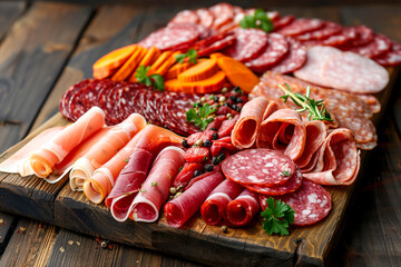 A wooden board with a variety of meats and vegetables, including pepperoni