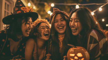 happy female friends smiling & laughing at halloween party