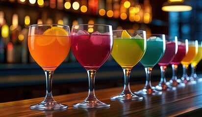 wine glasses on the table, glass of champagne, glass of wine, juice glasses on the table, lemon tea on the table, drink display on the bar table