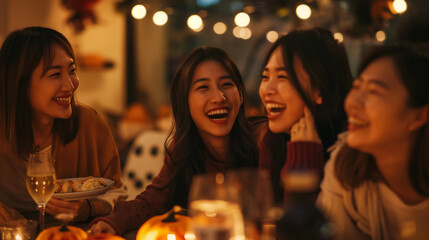 happy female friends smiling & laughing at halloween party
