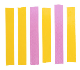Top view set of pink and yellow adhesive vinyl tape or clothes tape in stripe shape isolated with clipping path in png file format