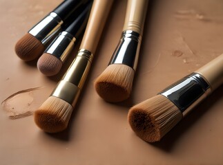 Brushes for concealer and palette of professional makeup concealer, close up image.
