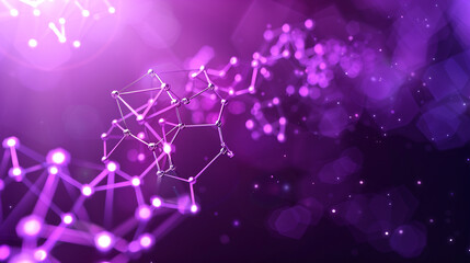 Cosmic purple background with advanced tiny polygonal molecular structures interconnected small polygons glowing brightly, representing cosmic and scientific advancements.