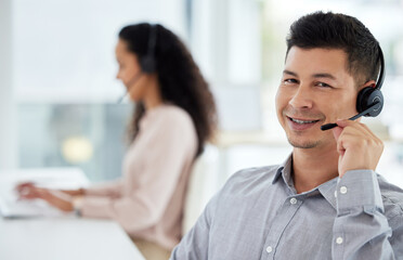 Happy, businessman and headphones for telemarketing at call centre for customer service, contact...