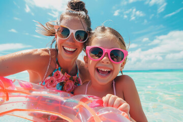 Mother and daughter in sunglasses with inflatable ring at beach, having fun on summer vacation