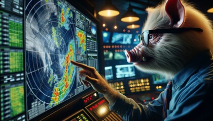 A pig wearing a suit and glasses is pointing at a weather map on a large screen. - obrazy, fototapety, plakaty