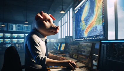 A pig wearing a suit and tie sits at a computer terminal in a control room, looking at a weather map.