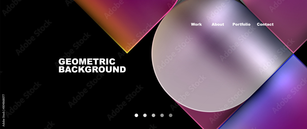 Poster a geometric background featuring a circle and squares in shades of violet and magenta on a black bac