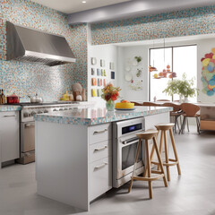 A whimsical kitchen with colorful mosaic tiles and smart appliances