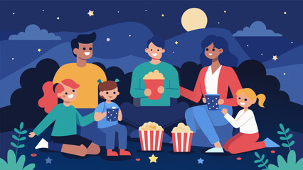 Naklejka premium Family Fun With families gathered together this outdoor film night is a perfect way to bring generations together to celebrate American history.. Vector illustration
