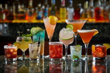 A table with many different types of drinks, including martinis, margaritas