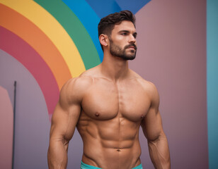 Fototapeta premium Young shirtless muscular man posing in front of rainbow background in gay concept shot